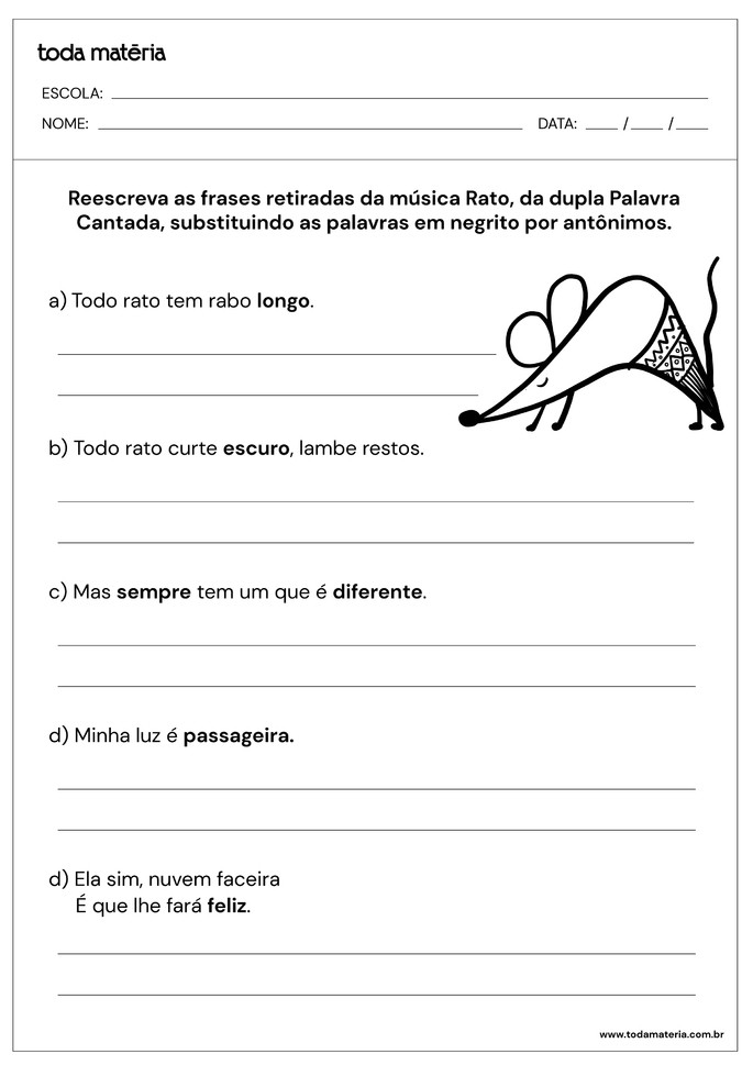 Atividades de Sinônimos e Antônimos para 2º ano (com respostas